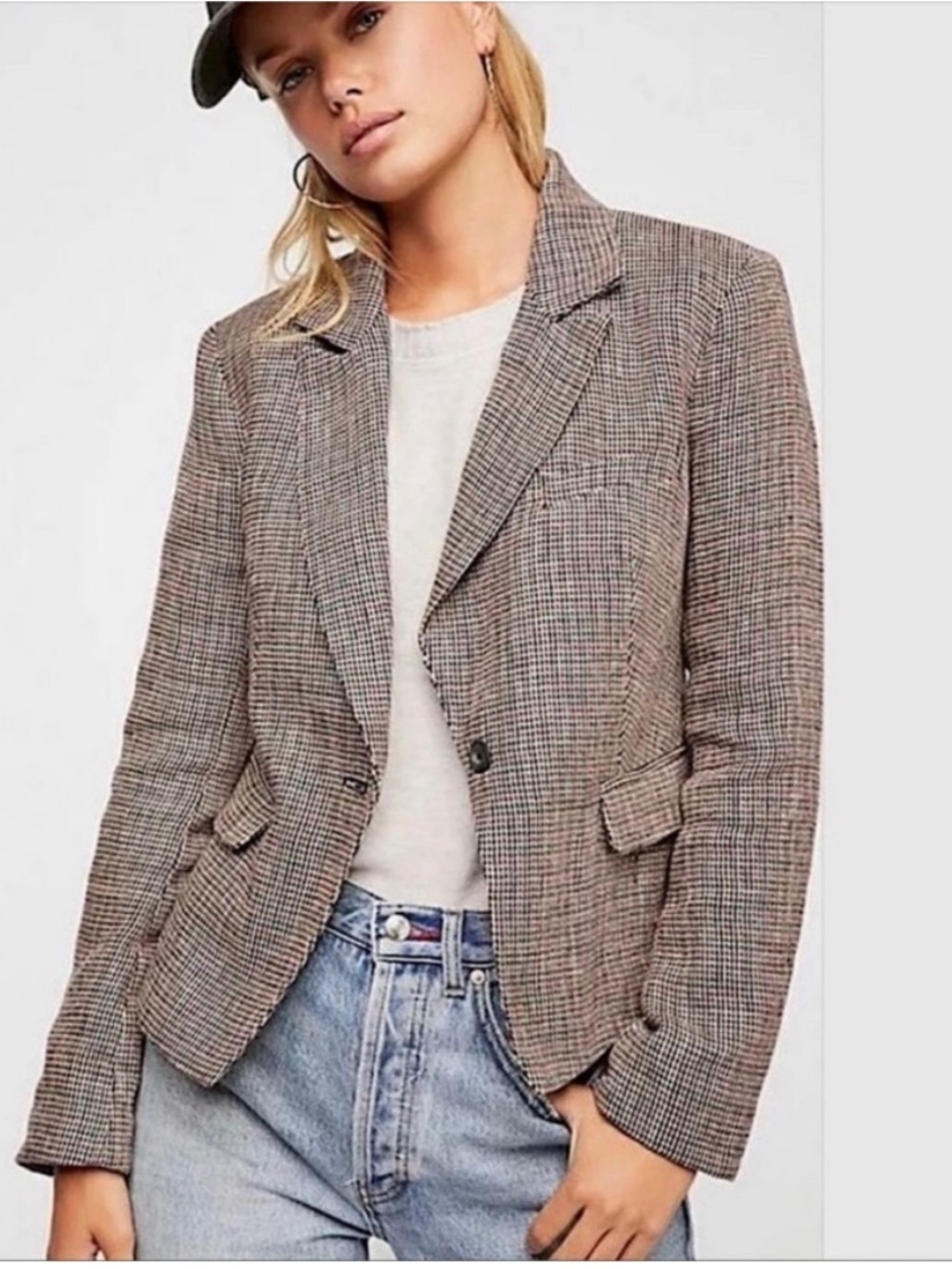 Free People Chess Tweed
Houndstooth Plaid Linen One
Button Blazer M